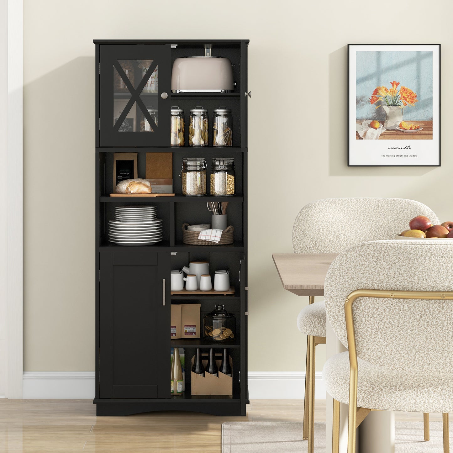 Tall Bathroom Floor Storage Cabinet with Acrylic Doors and 3 Cubes-White