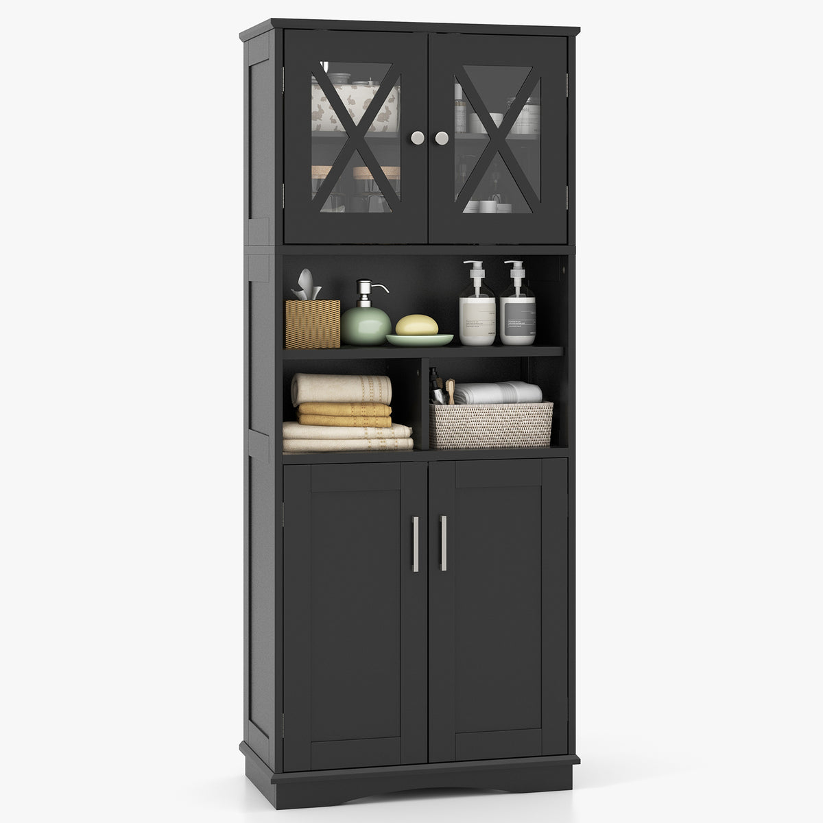 Tall Bathroom Floor Storage Cabinet with Acrylic Doors and 3 Cubes-White