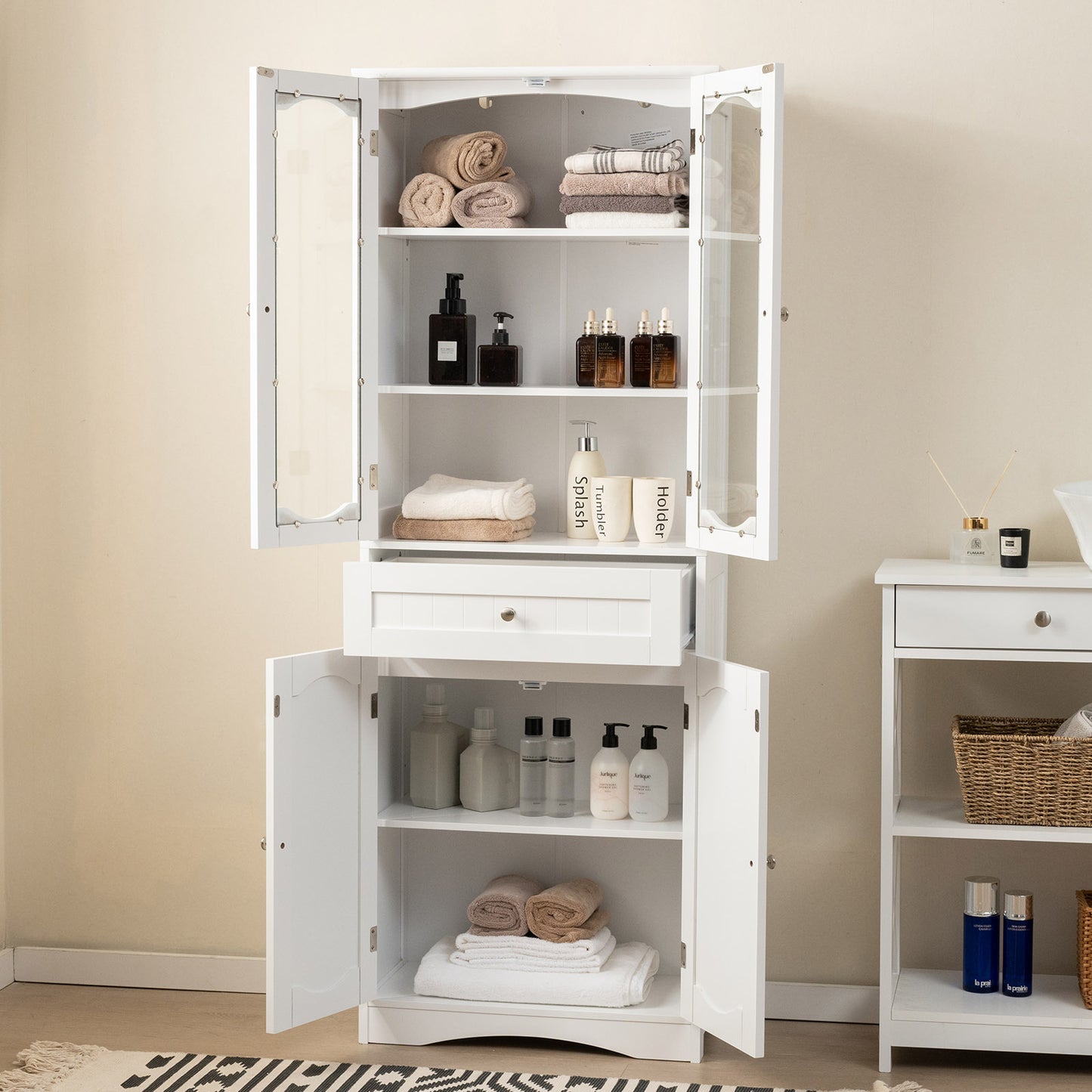 160cm Freestanding Linen Tall Bathroom Storage Cabinet with 2 Glass Doors-Black