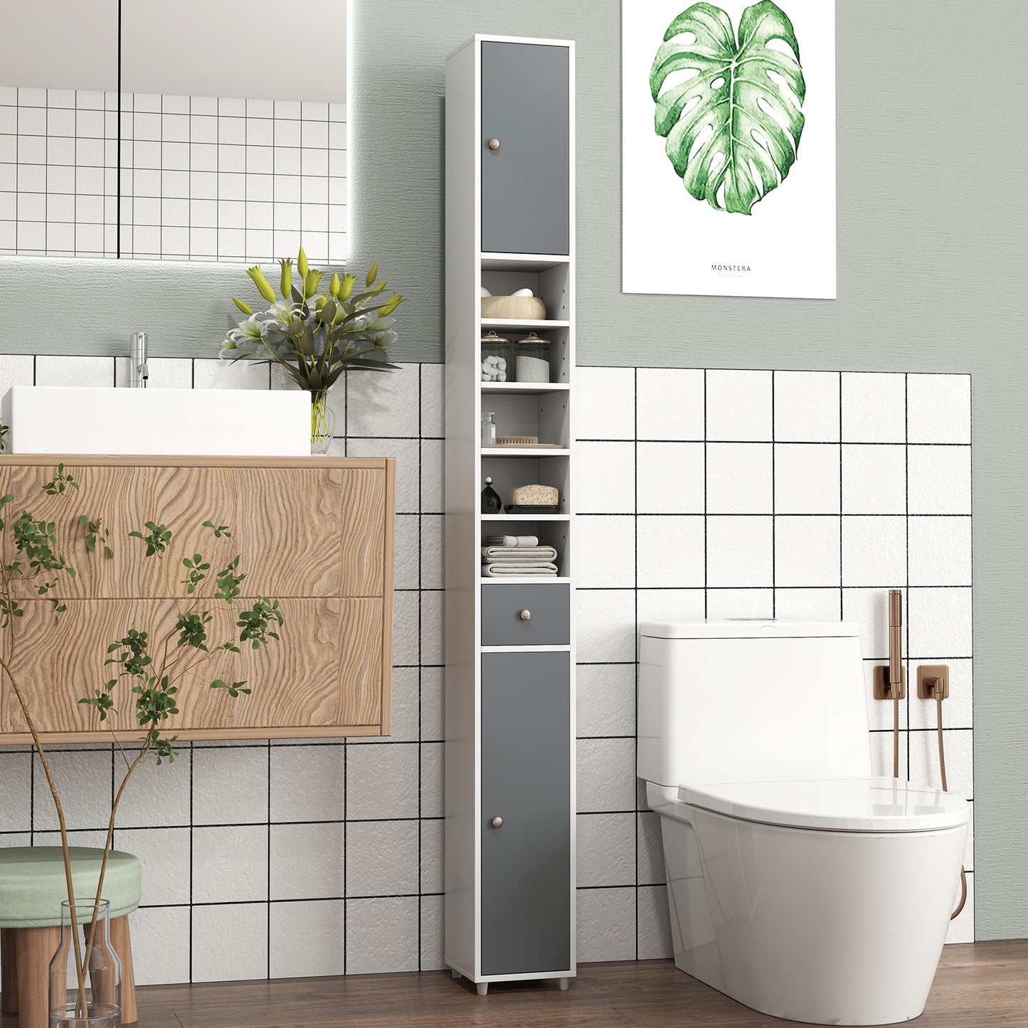 180CM Tall Freestanding Bathroom Cabinet with 2 Doors and 1 Drawer-White