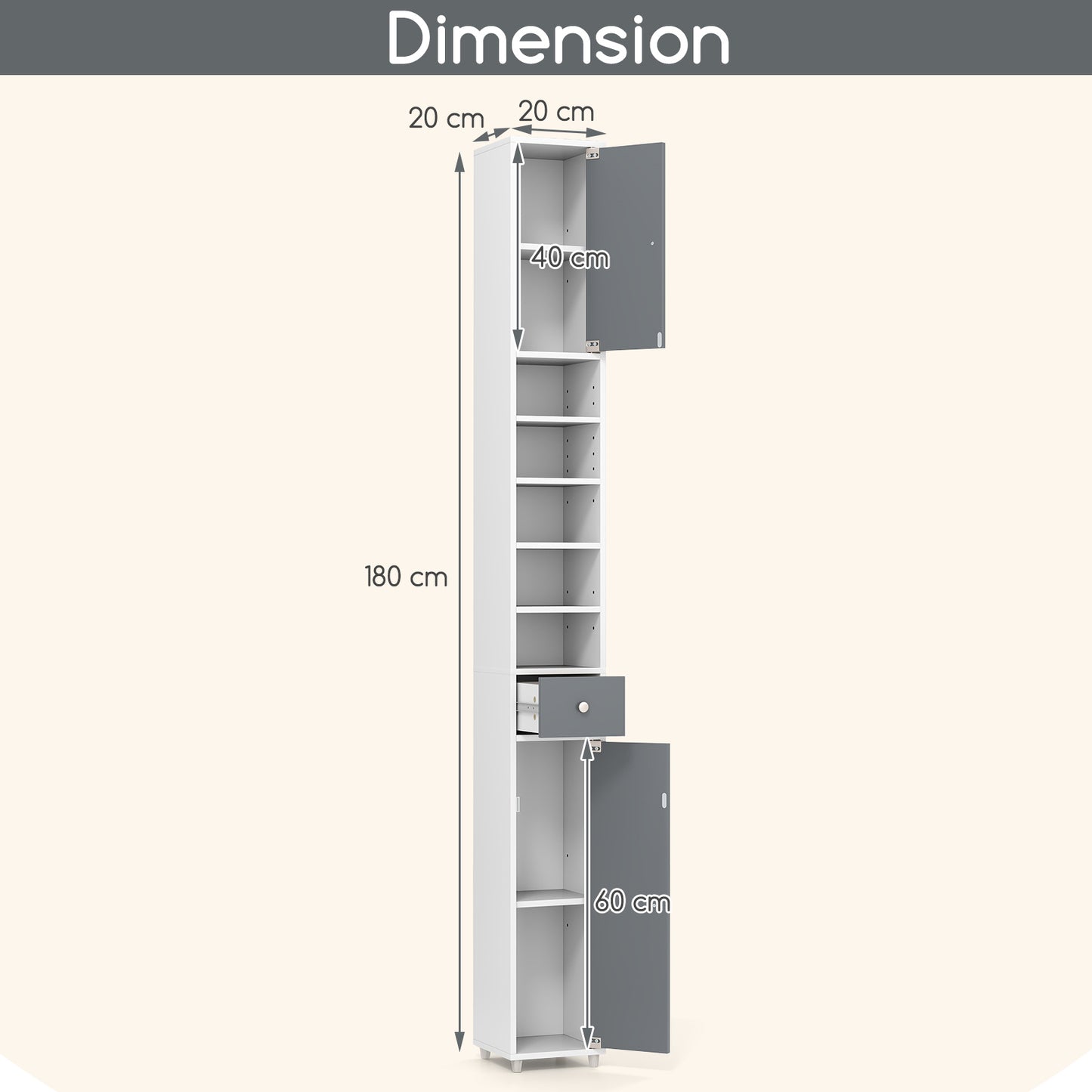 180CM Tall Freestanding Bathroom Cabinet with 2 Doors and 1 Drawer-White