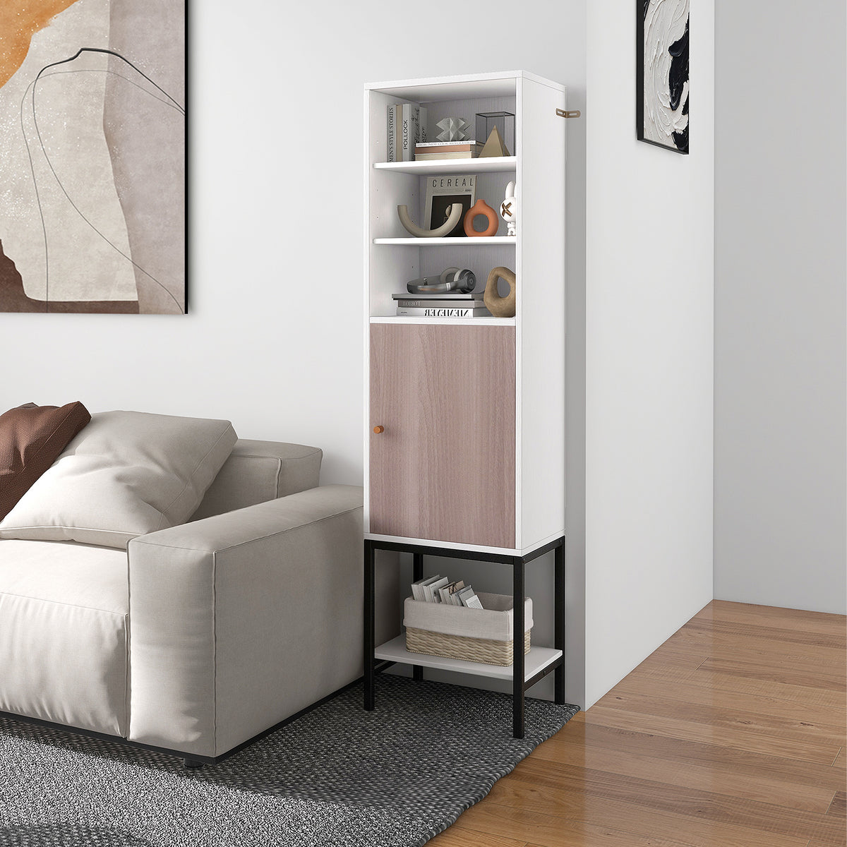 Tall Storage Cabinet with Adjustable Shelf and Bottom Storage-Black