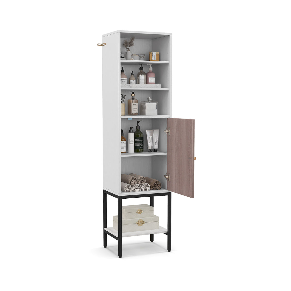 Tall Storage Cabinet with Adjustable Shelf and Bottom Storage-Black