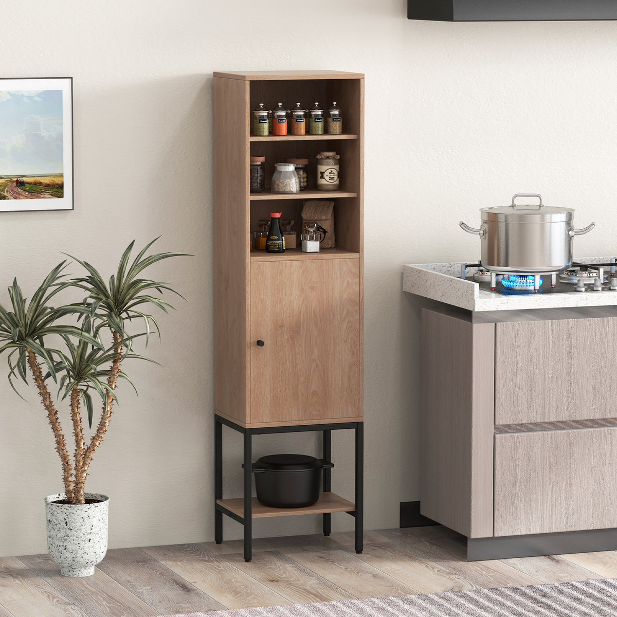 Tall Storage Cabinet with Adjustable Shelf and Bottom Storage-Black