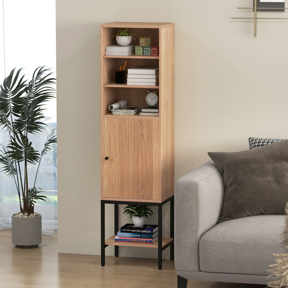 Tall Storage Cabinet with Adjustable Shelf and Bottom Storage-Black