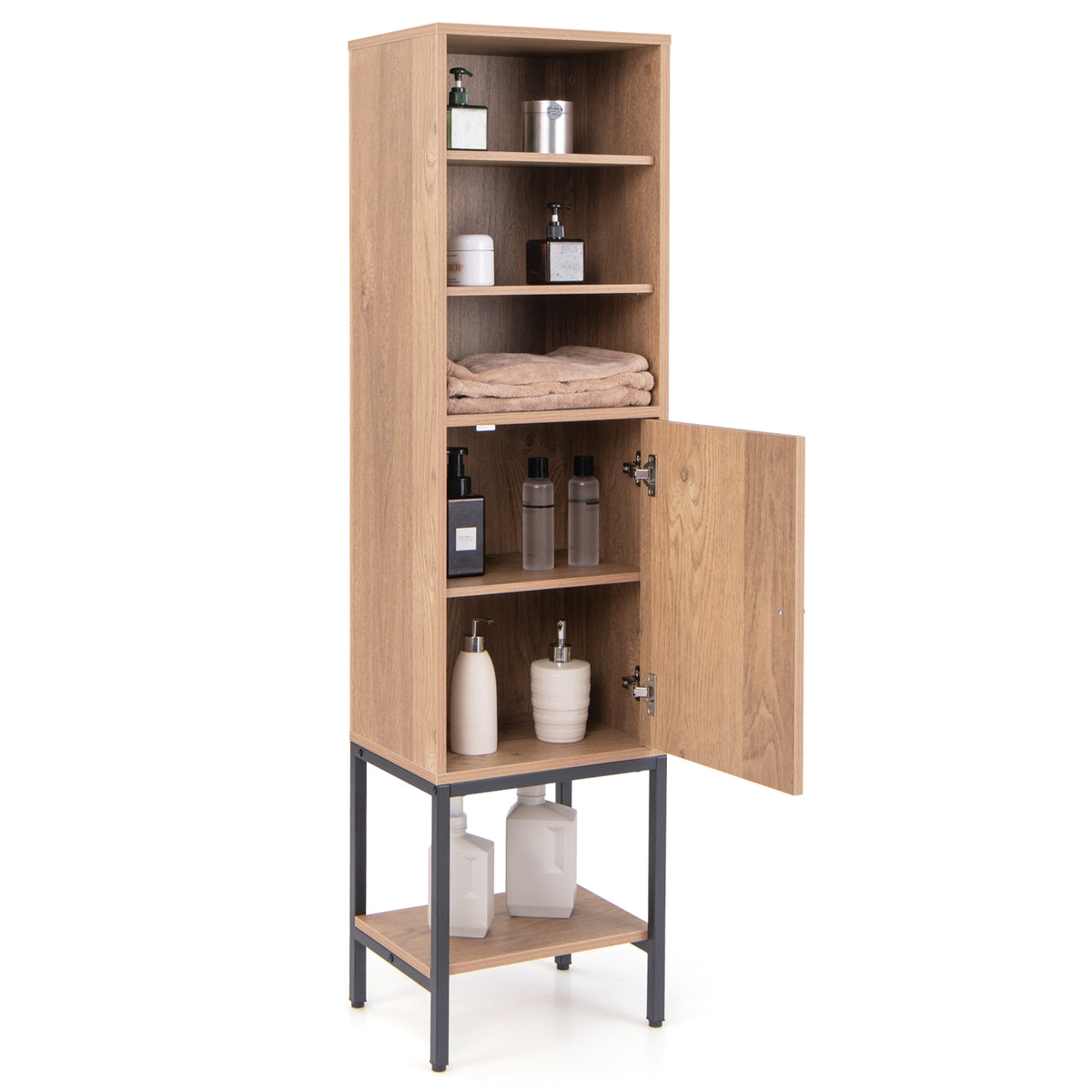 Tall Storage Cabinet with Adjustable Shelf and Bottom Storage-Black