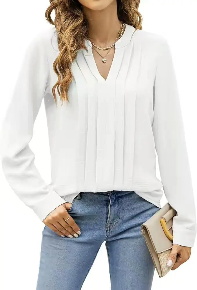 Temperament Commute Long Sleeve Solid Color Sweet Top Women's V-neck Design