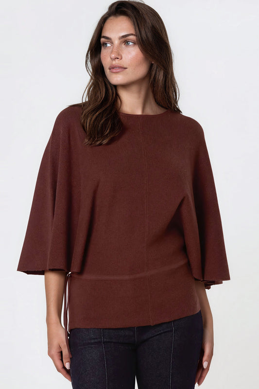 Brown Tie Waist Batwing Sleeve Knit Jumper