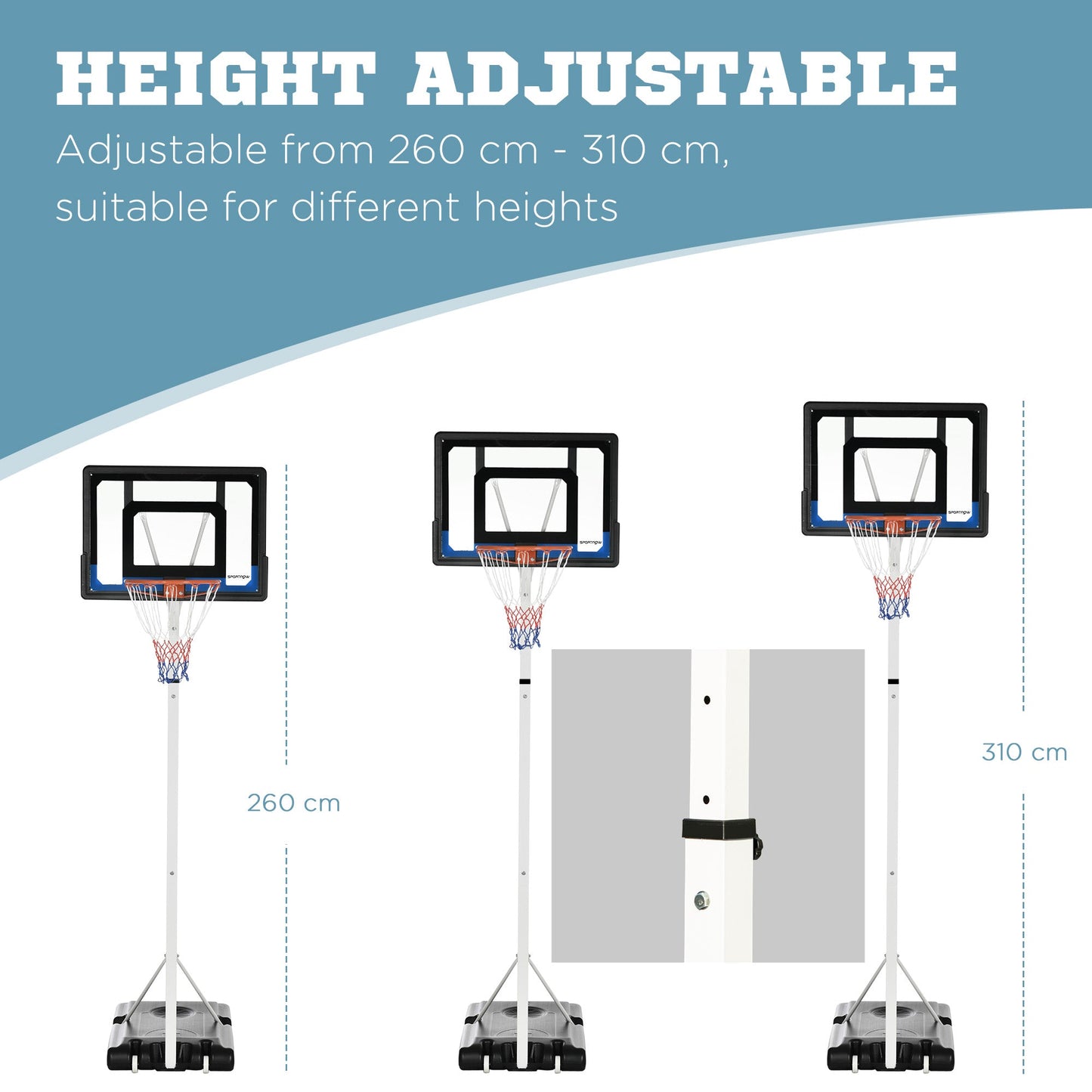 SPORTNOW 2.1-2.6m Basketball Hoop and Stand w/ Weighted Base, Wheels, White