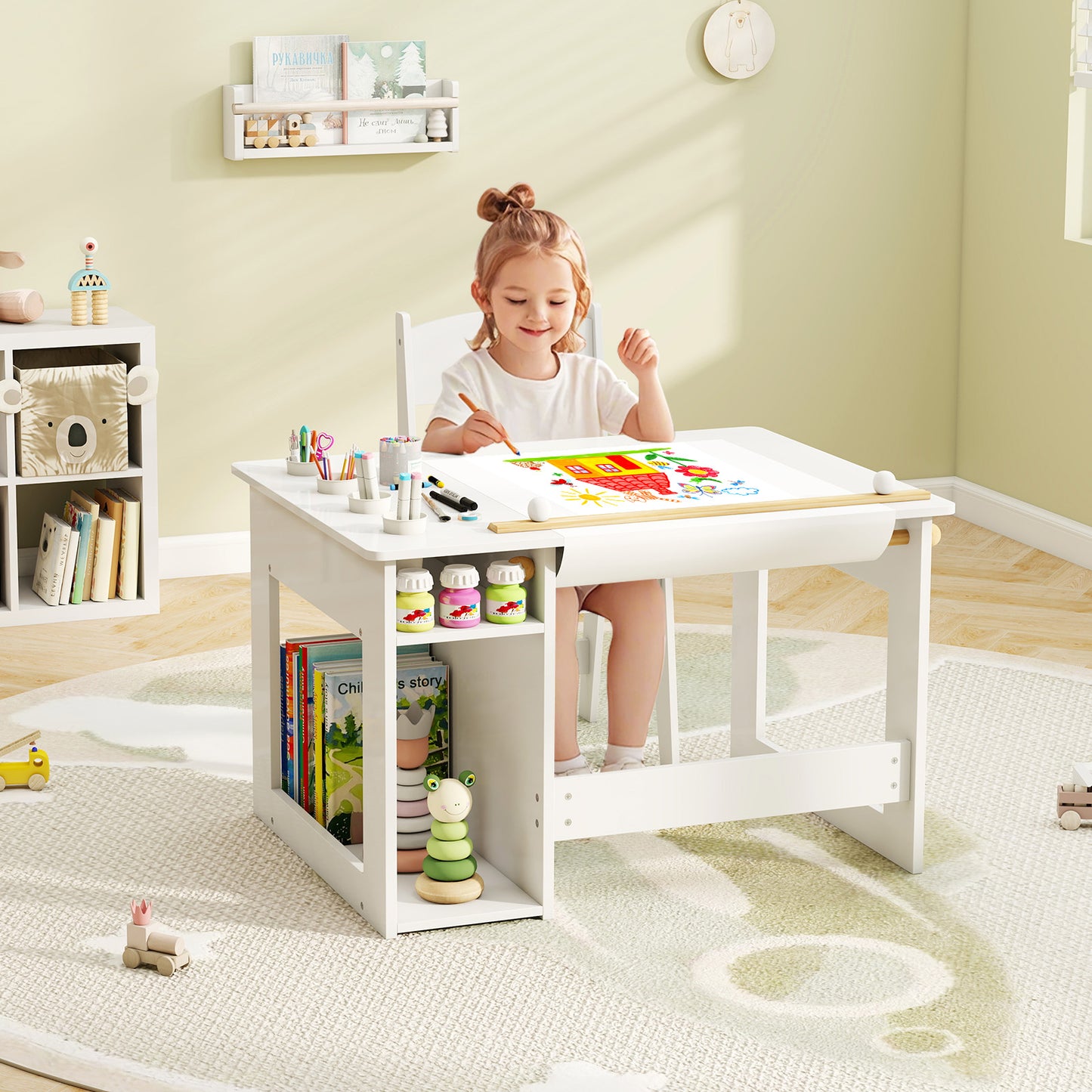 Toddler Craft Play Study Drawing Desk with Paper Roll 4 Paint Cups-White