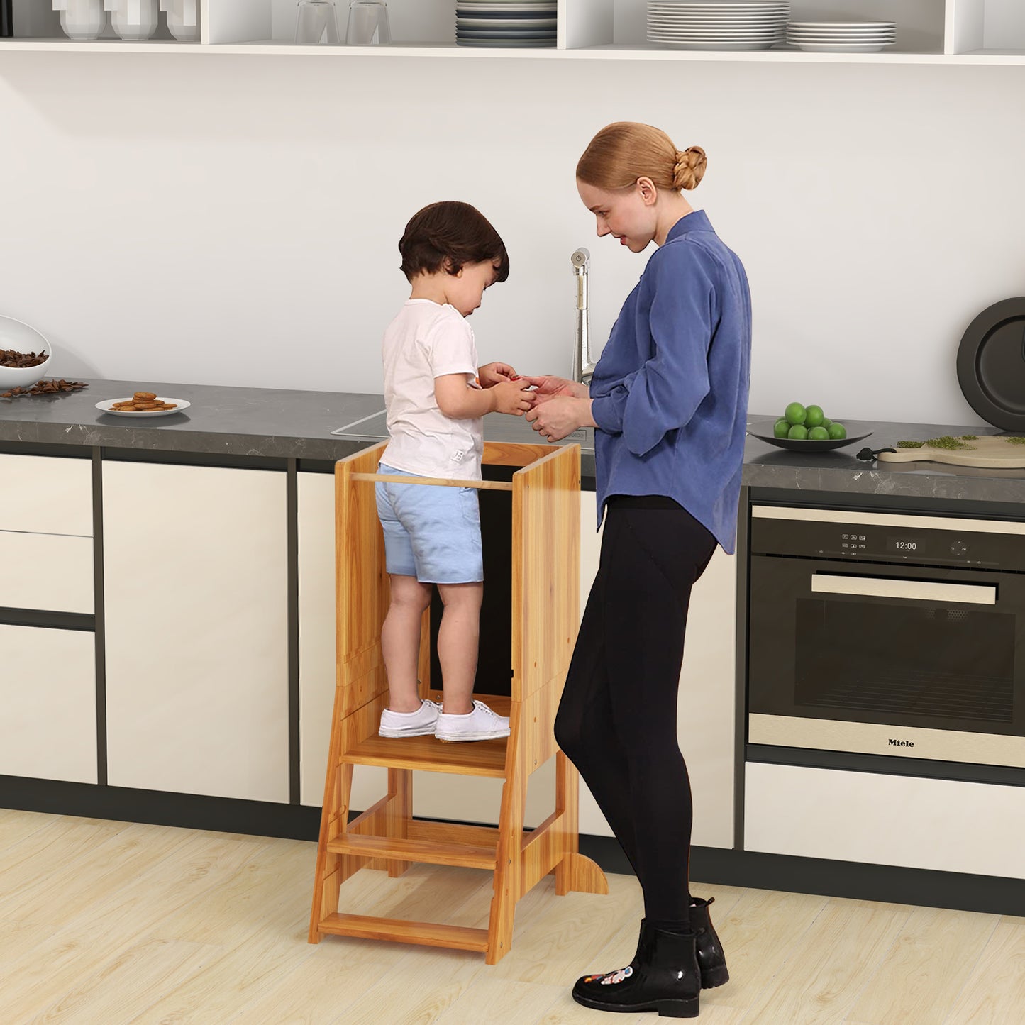 Toddler Kitchen Stool Helper with Chalkboard and Whiteboard-Grey