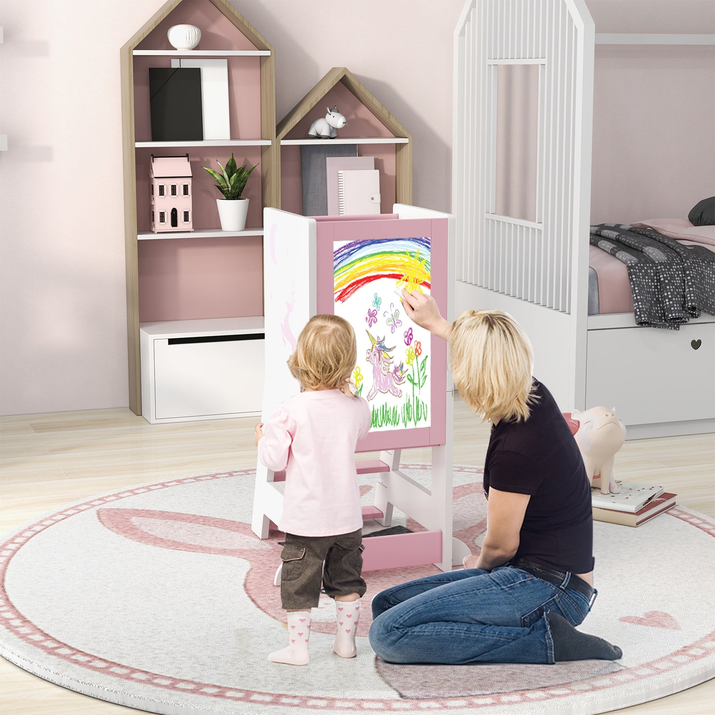 Toddler Kitchen Stool Helper with Chalkboard and Whiteboard-Grey