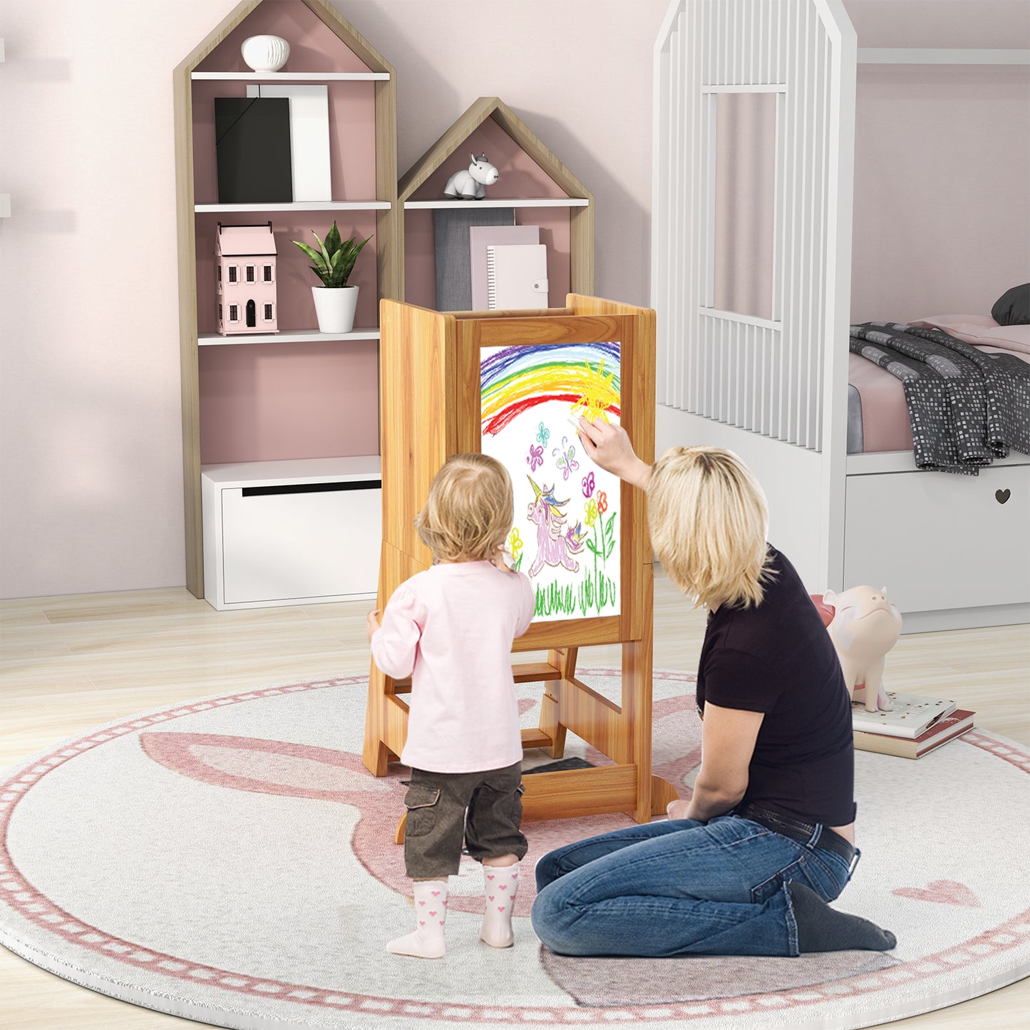 Toddler Kitchen Stool Helper with Chalkboard and Whiteboard-Grey