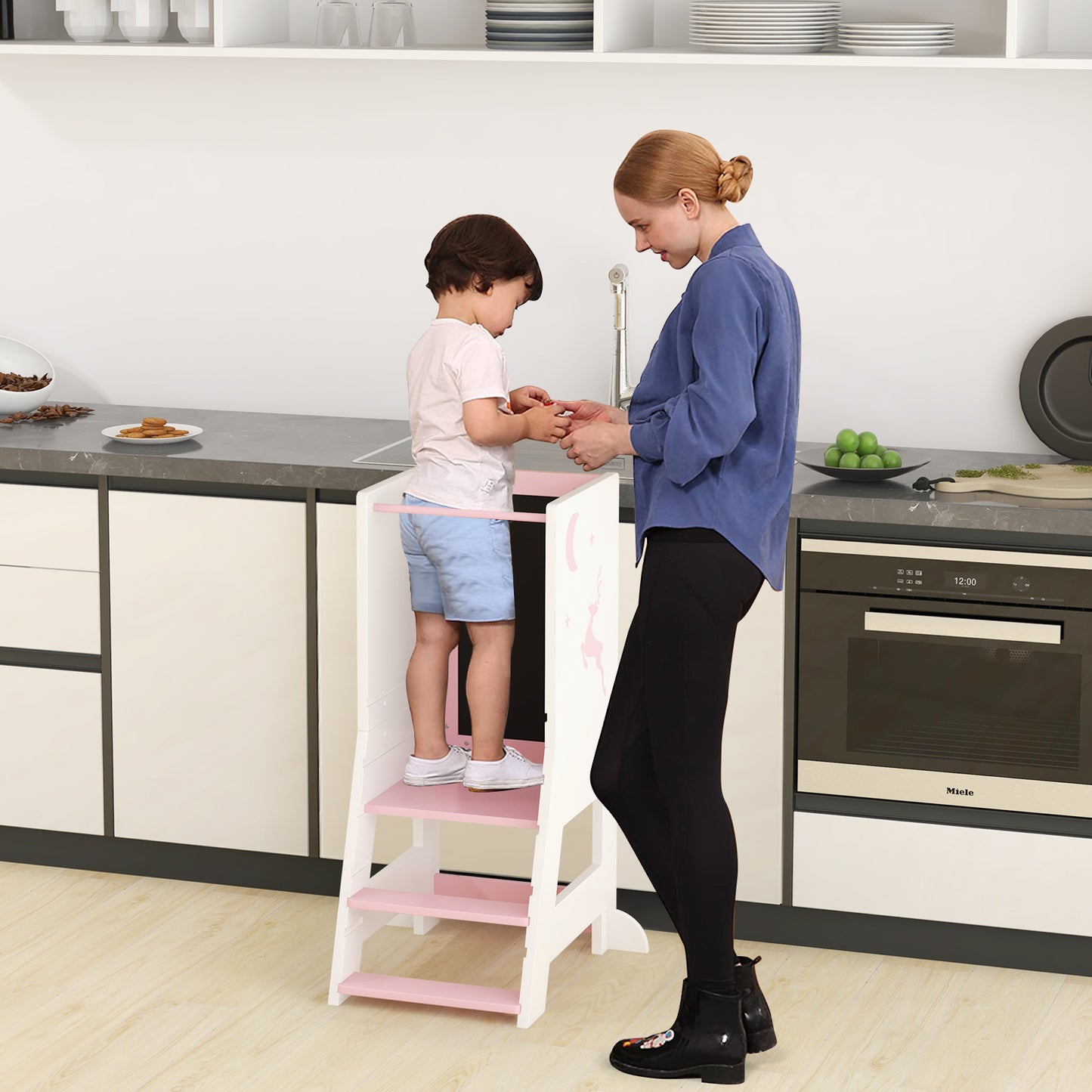 Toddler Kitchen Stool Helper with Chalkboard and Whiteboard-Grey