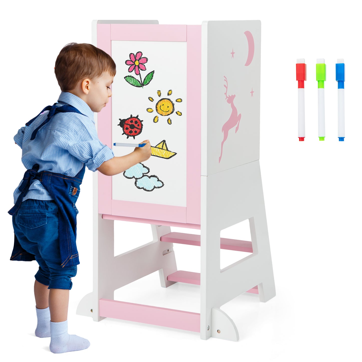 Toddler Kitchen Stool Helper with Chalkboard and Whiteboard-Grey