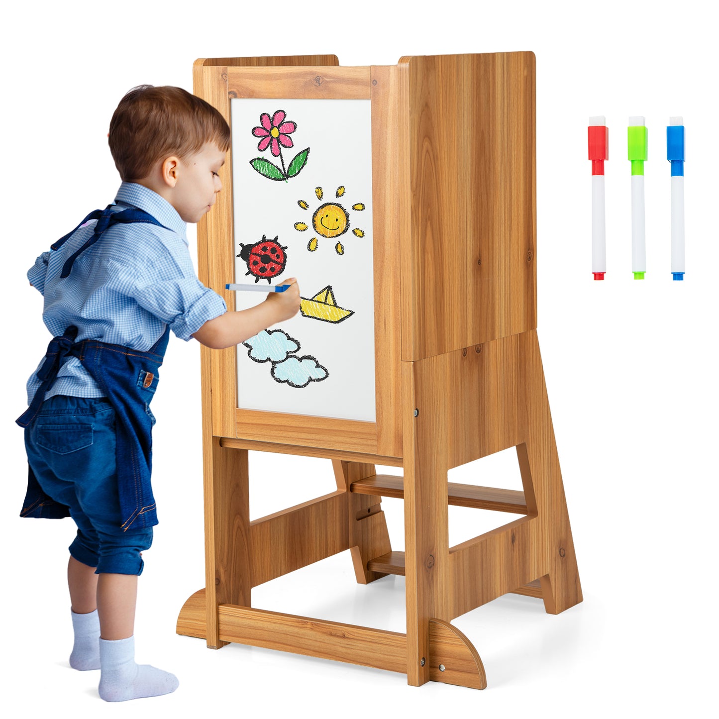 Toddler Kitchen Stool Helper with Chalkboard and Whiteboard-Grey