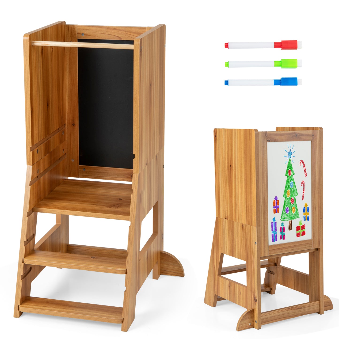 Toddler Kitchen Stool Helper with Chalkboard and Whiteboard-Grey