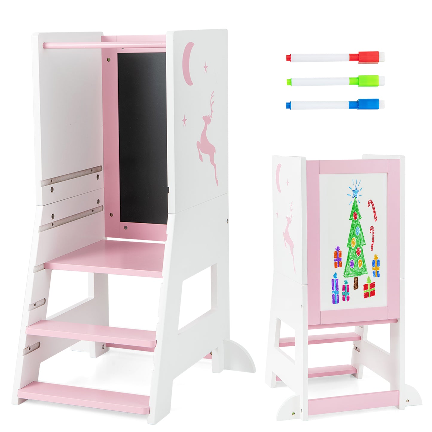 Toddler Kitchen Stool Helper with Chalkboard and Whiteboard-Grey