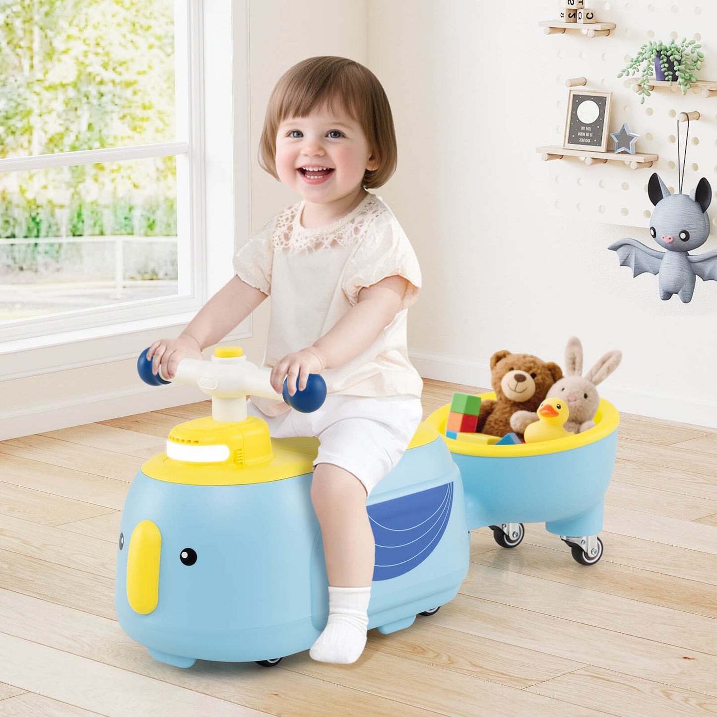 Toddler Ride on Toy with Trailer Sliding Car with Light and Music-Beige