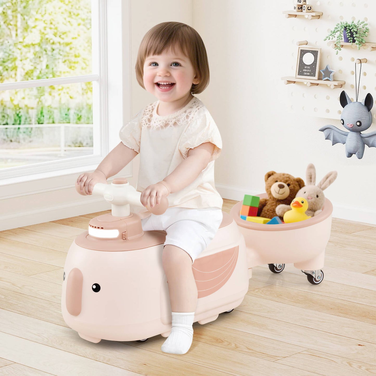 Toddler Ride on Toy with Trailer Sliding Car with Light and Music-Beige