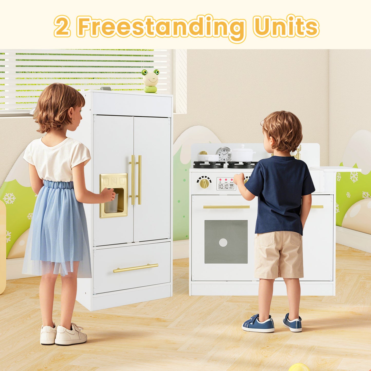 Toddler Wooden Pretend Toy Kitchen Playset with Refrigerator Stove Sink-White