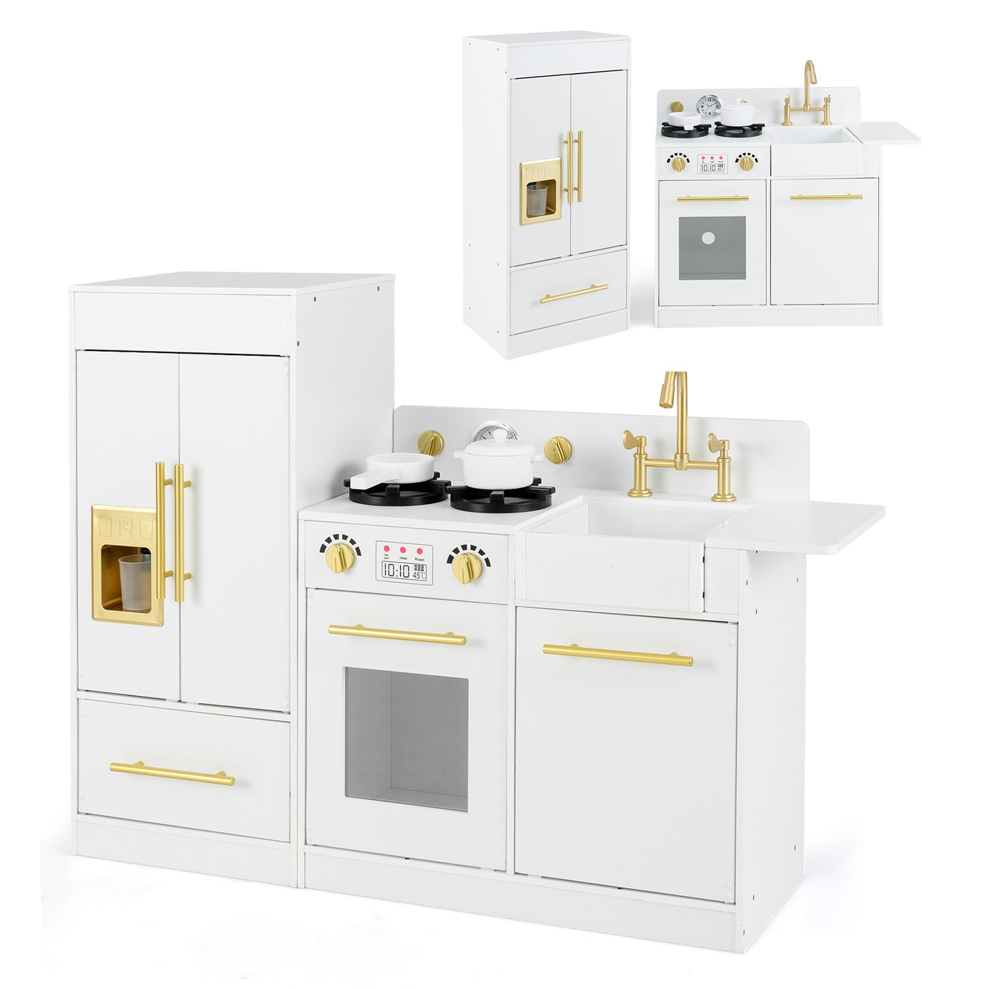 Toddler Wooden Pretend Toy Kitchen Playset with Refrigerator Stove Sink-White