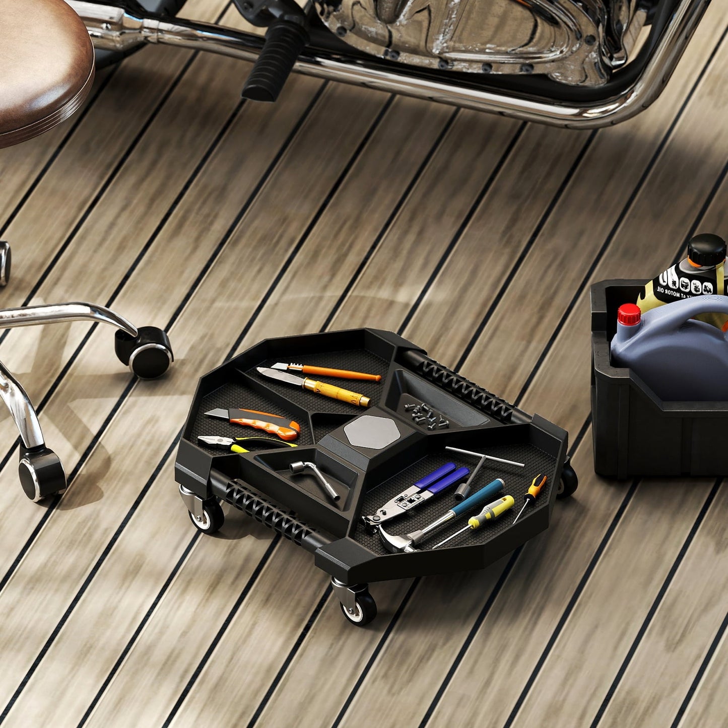 Tool Creeper Rolling Tool Tray with 4 Swivel Casters and 6 Compartments-Black