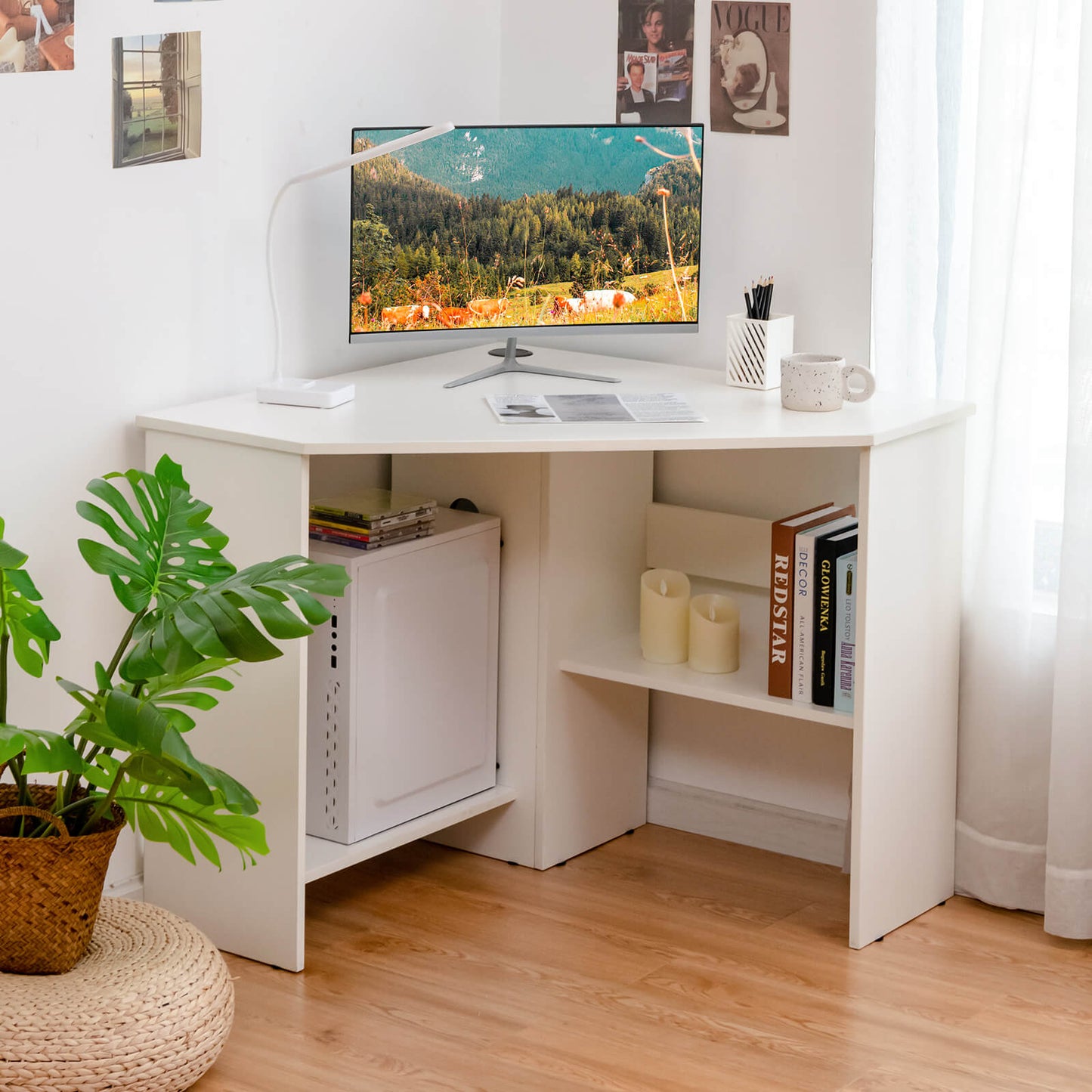 Triangle Corner Computer Desk with Open Shelf and Cable Holes-Black