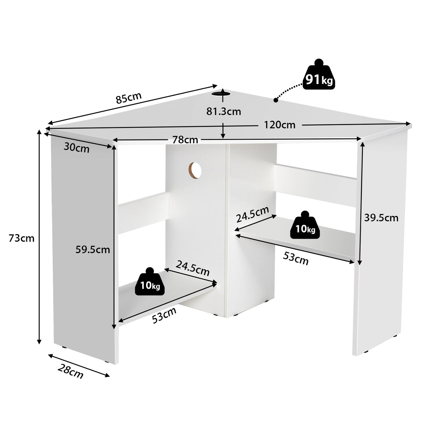 Triangle Corner Computer Desk with Open Shelf and Cable Holes-Black
