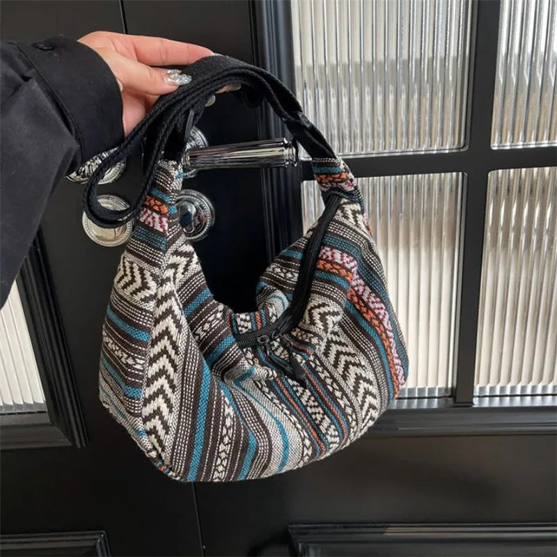 Tribal Style Shoulder Bag - Crossbody Zipper Closure, Striped Pattern Handbag