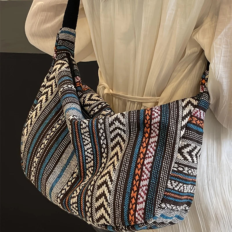 Tribal Style Shoulder Bag - Crossbody Zipper Closure, Striped Pattern Handbag