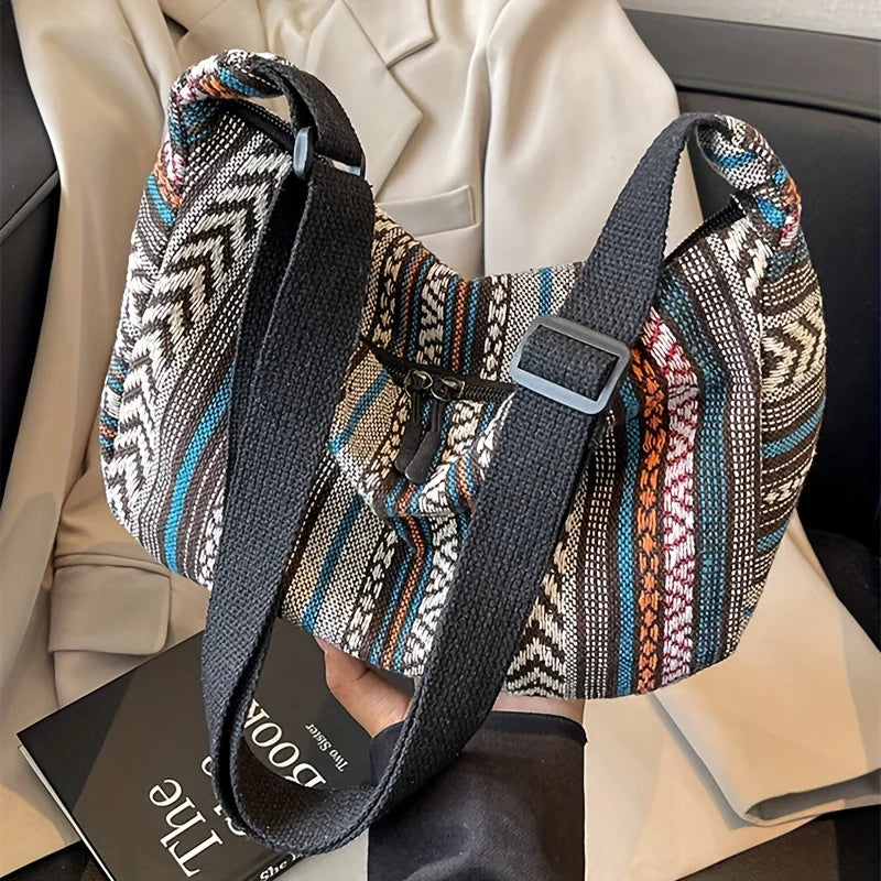 Tribal Style Shoulder Bag - Crossbody Zipper Closure, Striped Pattern Handbag