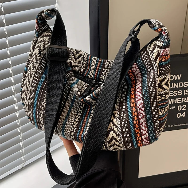 Tribal Style Shoulder Bag - Crossbody Zipper Closure, Striped Pattern Handbag