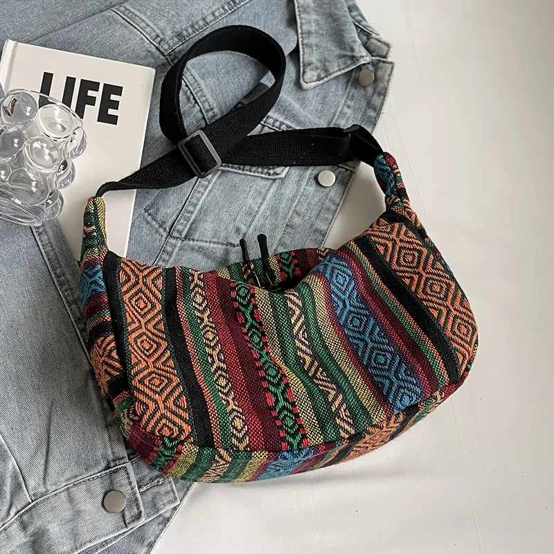 Tribal Style Shoulder Bag - Crossbody Zipper Closure, Striped Pattern Handbag