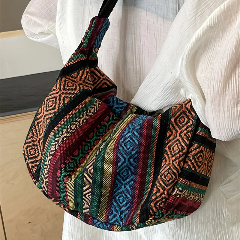 Tribal Style Shoulder Bag - Crossbody Zipper Closure, Striped Pattern Handbag