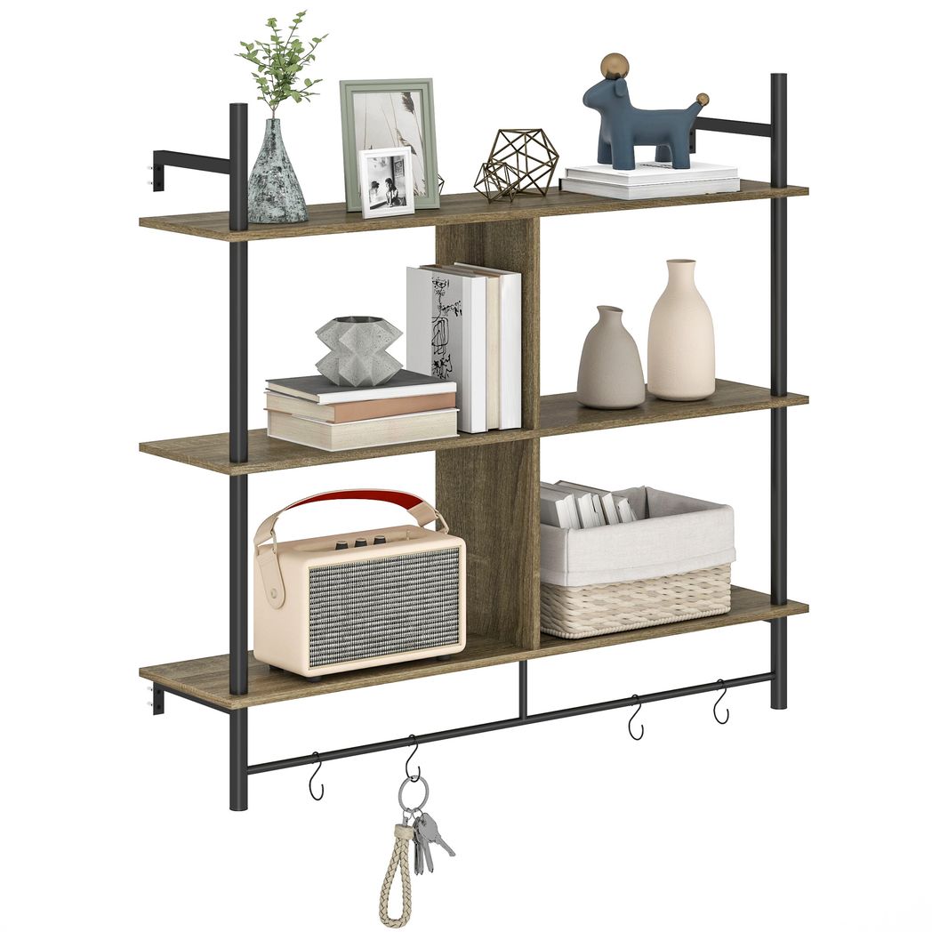 HOMCOM Wall Shelf Unit with 4 Hooks for Living Room Grey Wood Effect