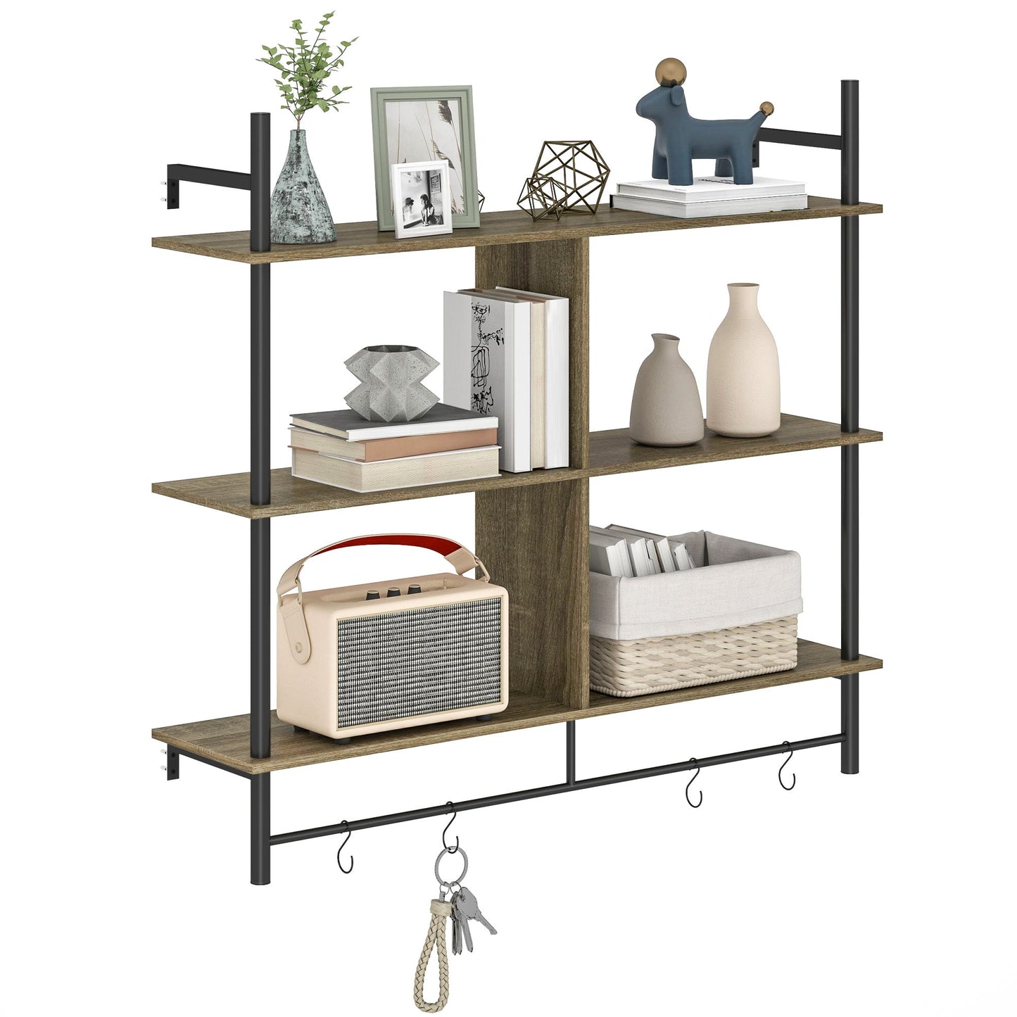HOMCOM Wall Shelf Unit with 4 Hooks for Living Room Grey Wood Effect