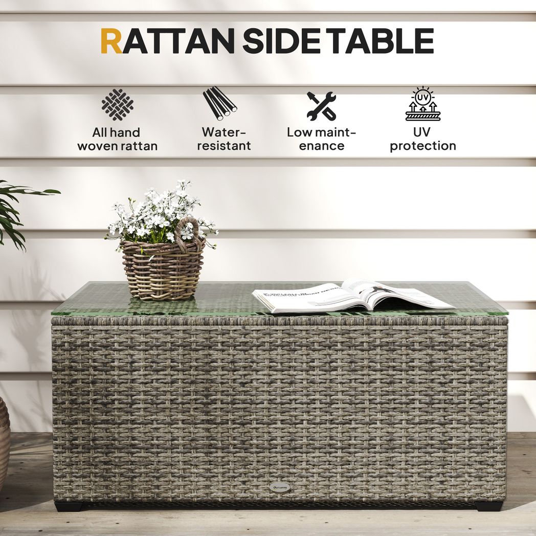 Outsunny Outdoor Coffee Table, Glass Top Rattan Side Table