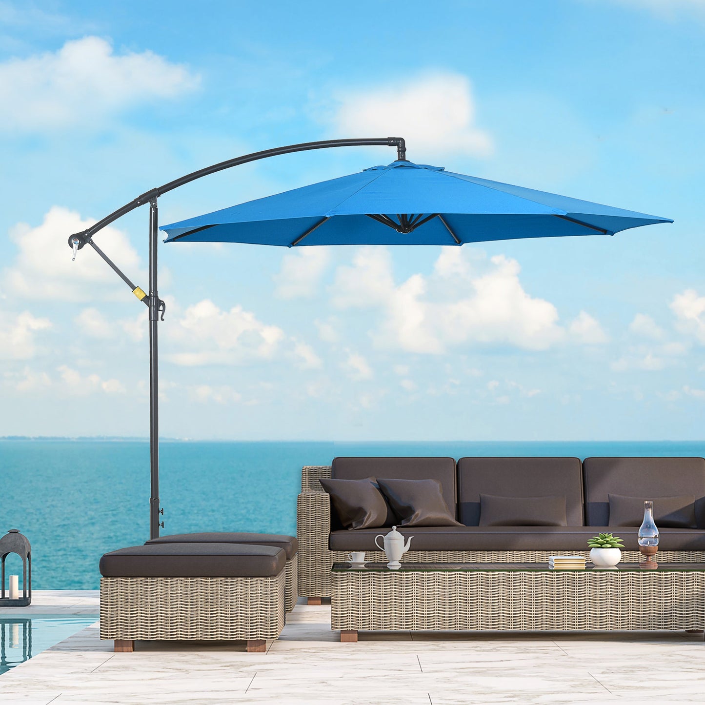 Outsunny 3(m) Garden Banana Parasol Cantilever Umbrella w/ Cross Base, Blue