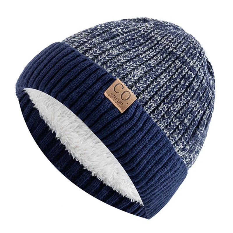 Unisex Two-Tone Winter Beanie Hat Fur Lined Warm Knitted Cap for Men & Women