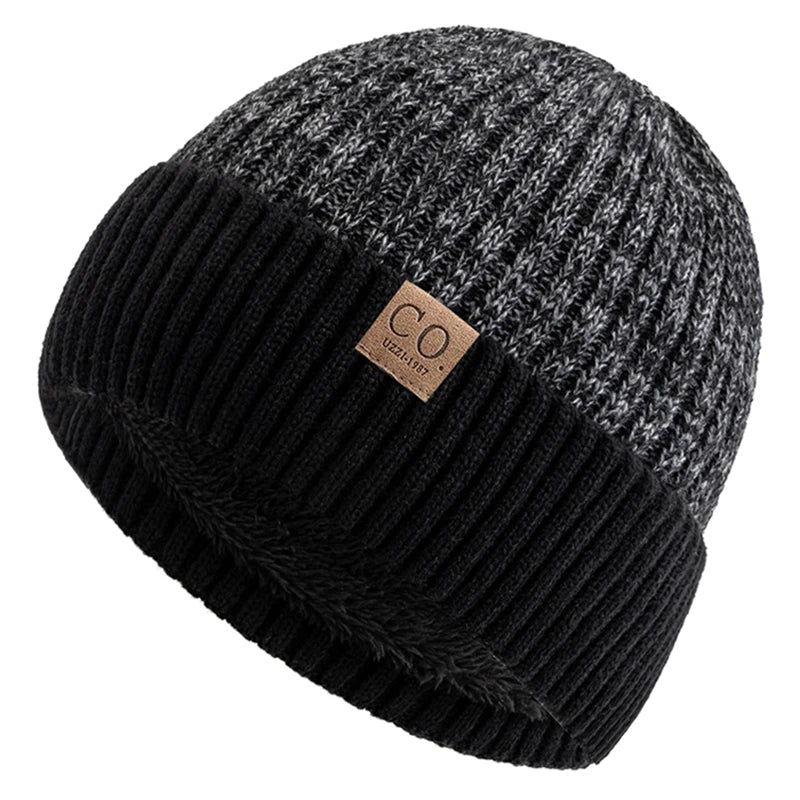 Unisex Two-Tone Winter Beanie Hat Fur Lined Warm Knitted Cap for Men & Women