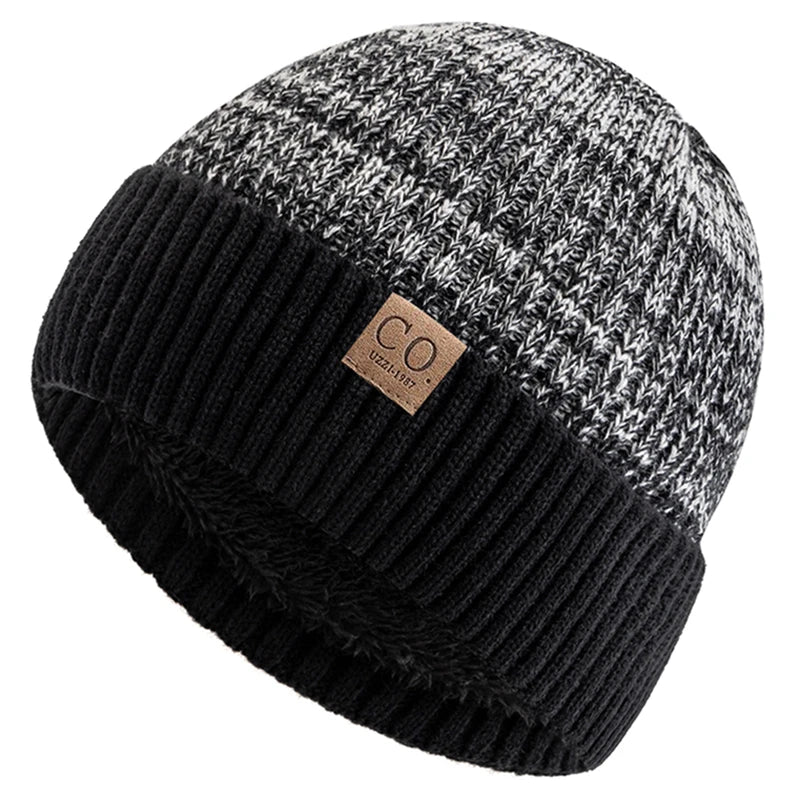 Unisex Two-Tone Winter Beanie Hat Fur Lined Warm Knitted Cap for Men & Women