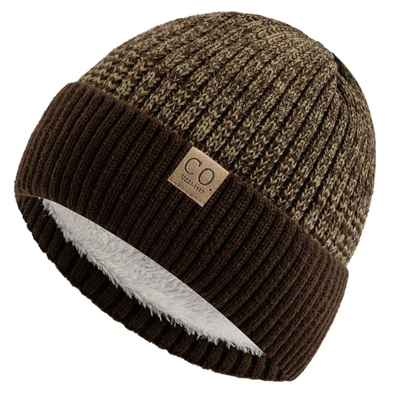 Unisex Two-Tone Winter Beanie Hat Fur Lined Warm Knitted Cap for Men & Women
