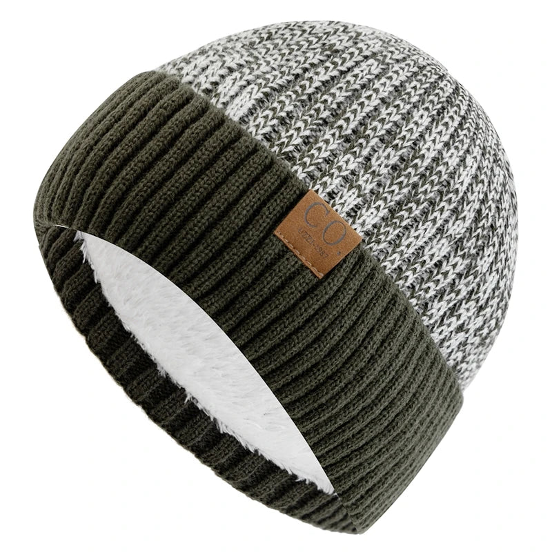 Unisex Two-Tone Winter Beanie Hat Fur Lined Warm Knitted Cap for Men & Women