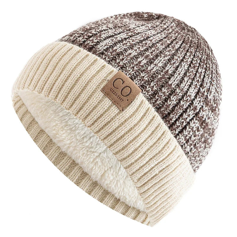 Unisex Two-Tone Winter Beanie Hat Fur Lined Warm Knitted Cap for Men & Women