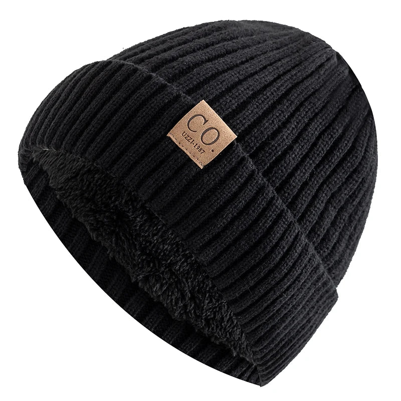 Unisex Two-Tone Winter Beanie Hat Fur Lined Warm Knitted Cap for Men & Women