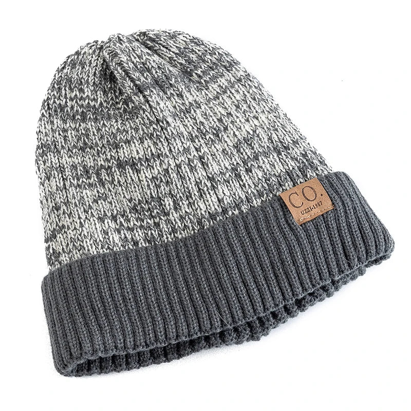 Unisex Two-Tone Winter Beanie Hat Fur Lined Warm Knitted Cap for Men & Women