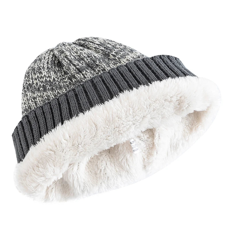 Unisex Two-Tone Winter Beanie Hat Fur Lined Warm Knitted Cap for Men & Women