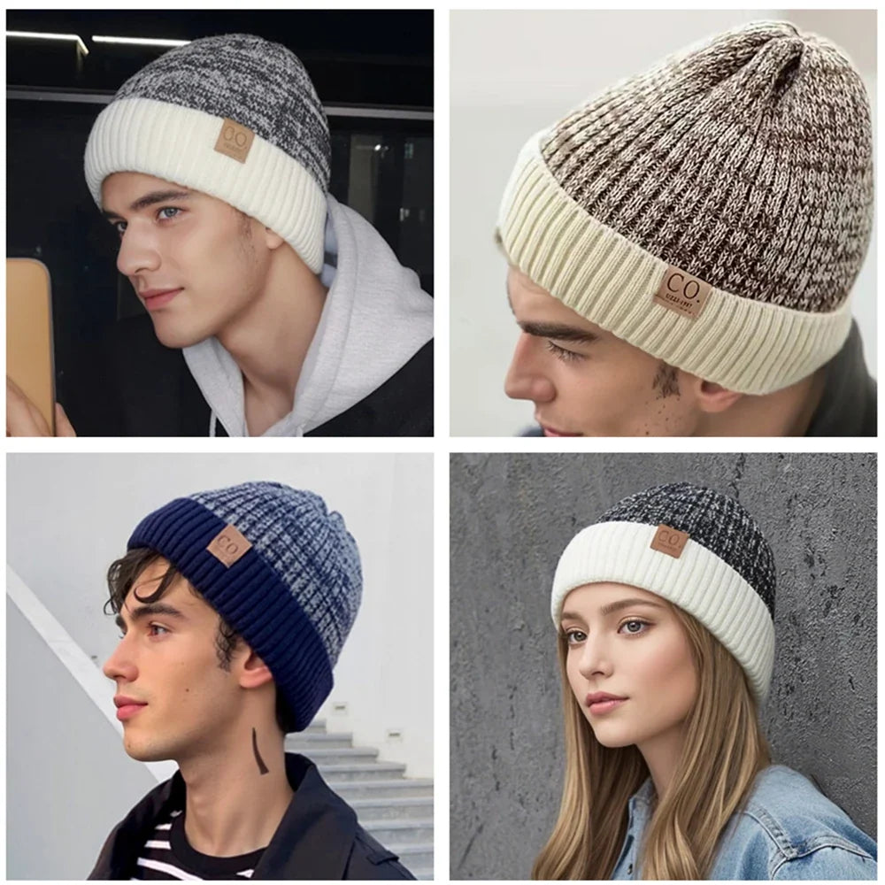 Unisex Two-Tone Winter Beanie Hat Fur Lined Warm Knitted Cap for Men & Women