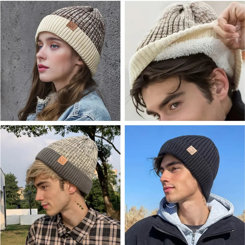 Unisex Two-Tone Winter Beanie Hat Fur Lined Warm Knitted Cap for Men & Women